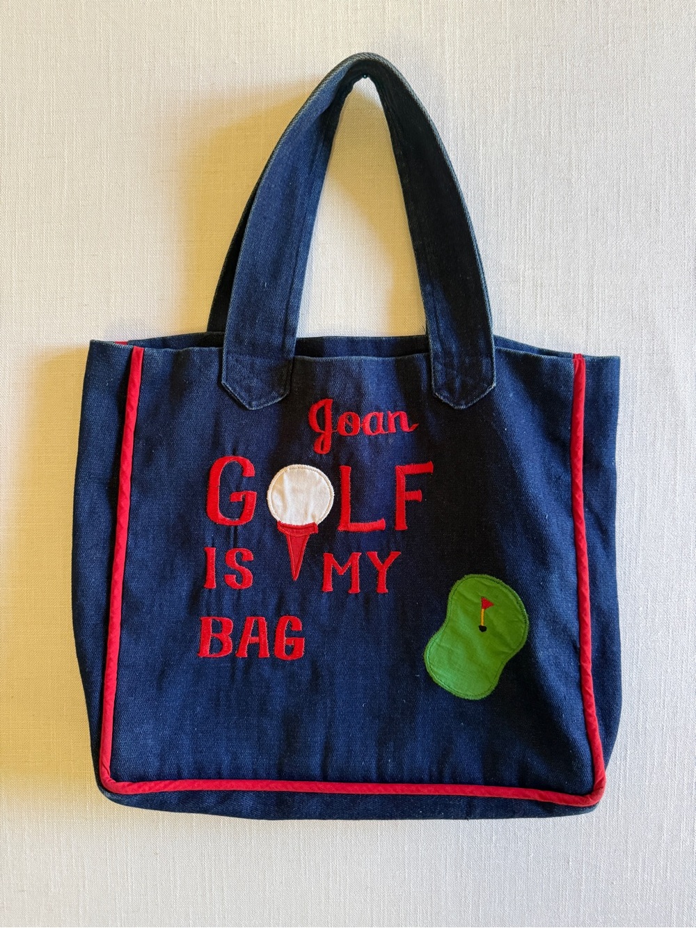 Vintage Custom Joan Golf Is My Bag Navy & Red Canvas Tote Bag